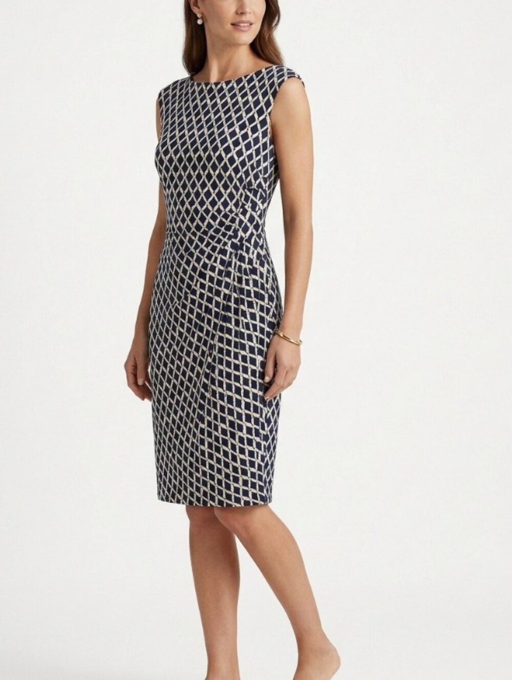 Lauren Ralph Lauren Dark Blue & Cream Geometric Midi Sheath Dress
